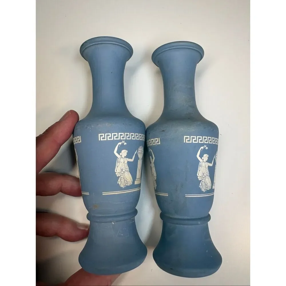 Blue Jasperware Style Vases Pair Grecian Relief Matte Ceramic